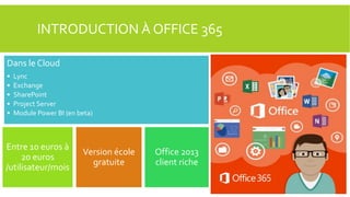 INTRODUCTION À OFFICE 365
Dans le Cloud
•
•
•
•
•

Lync
Exchange
SharePoint
Project Server
Module Power BI (en beta)

Entre 10 euros à
20 euros
/utilisateur/mois

Version école
gratuite

Office 2013
client riche

 