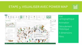 ETAPE 3. VISUALISER AVEC POWER MAP
Vue
cartographique

Animation
Déroulement
Historique
3 dimensions
Films

 