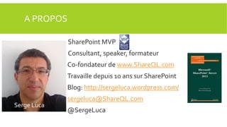 A PROPOS
SharePoint MVP
Consultant, speaker, formateur
Co-fondateur de www.ShareQL.com

Serge
Luca
Serge Luca

Travaille depuis 10 ans sur SharePoint
Blog: http://sergeluca.wordpress.com/
sergeluca@ShareQL.com

@SergeLuca

 