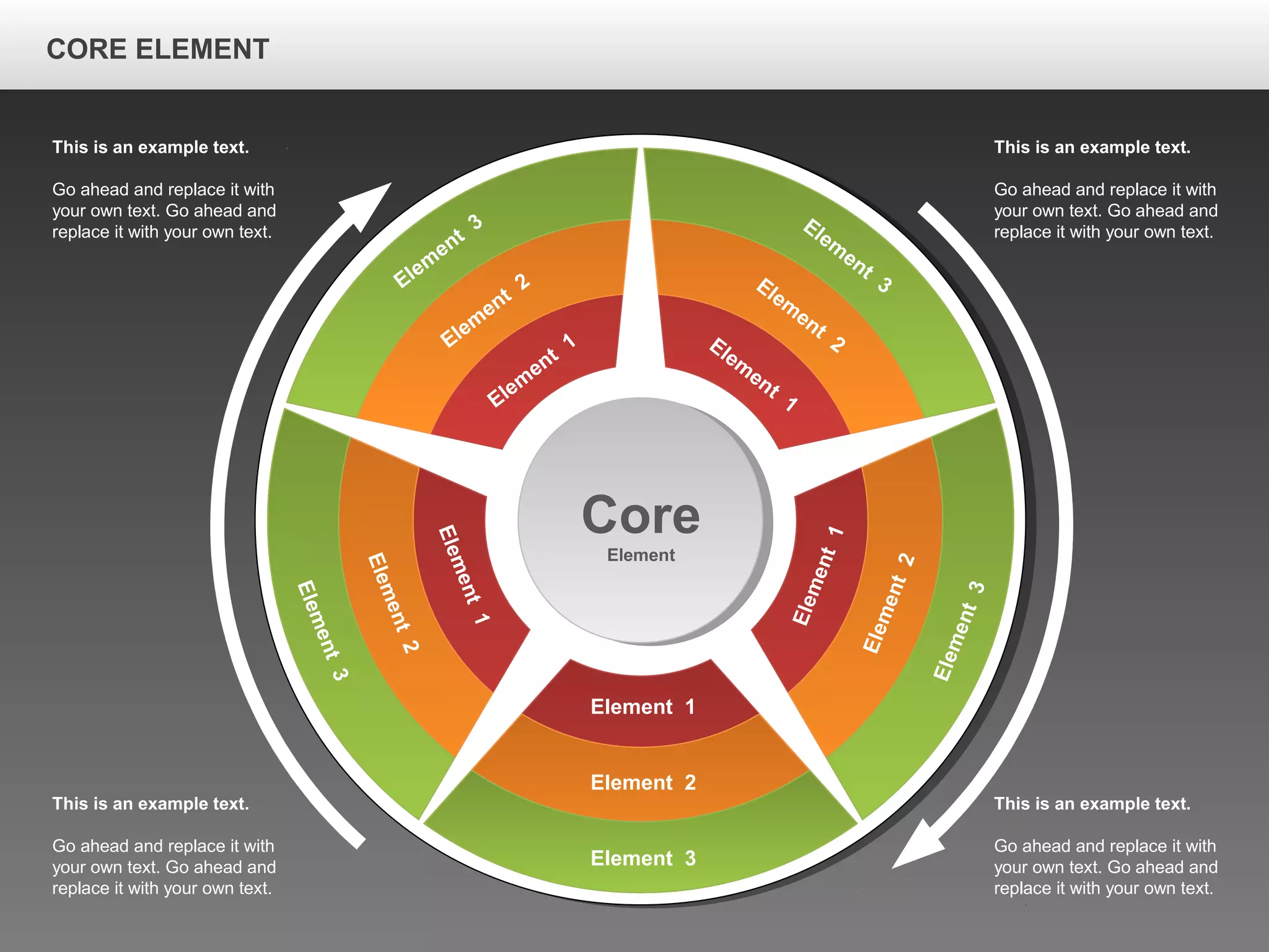 CORE ELEMENTCORE ELEMENT
Elem
ent
3
Elem
ent
2
Elem
ent
1
Element 3
Element 2
Element 1
Element3
Element2
Element1
Element3
Element2
Element1
Elem
ent
3Elem
ent
2Elem
ent
1
Core
Element
This is an example text.
Go ahead and replace it with
your own text. Go ahead and
replace it with your own text.
This is an example text.
Go ahead and replace it with
your own text. Go ahead and
replace it with your own text.
This is an example text.
Go ahead and replace it with
your own text. Go ahead and
replace it with your own text.
This is an example text.
Go ahead and replace it with
your own text. Go ahead and
replace it with your own text.
CORE ELEMENT
 
