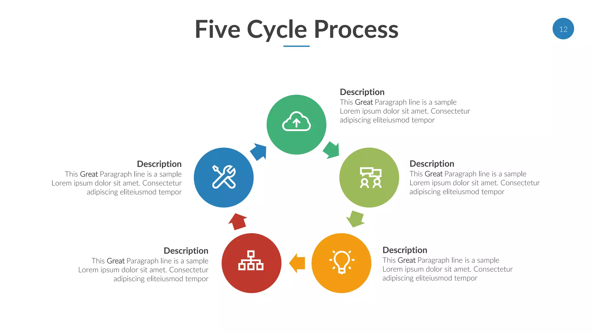 Five Cycle Process
Description
This Great Paragraph line is a sample
Lorem ipsum dolor sit amet. Consectetur
adipiscing eliteiusmod tempor
Description
This Great Paragraph line is a sample
Lorem ipsum dolor sit amet. Consectetur
adipiscing eliteiusmod tempor
Description
This Great Paragraph line is a sample
Lorem ipsum dolor sit amet. Consectetur
adipiscing eliteiusmod tempor
Description
This Great Paragraph line is a sample
Lorem ipsum dolor sit amet. Consectetur
adipiscing eliteiusmod tempor
Description
This Great Paragraph line is a sample
Lorem ipsum dolor sit amet. Consectetur
adipiscing eliteiusmod tempor
12
 
