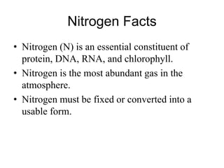 Nitrogen Facts
• Nitrogen (N) is an essential constituent of
protein, DNA, RNA, and chlorophyll.
• Nitrogen is the most abundant gas in the
atmosphere.
• Nitrogen must be fixed or converted into a
usable form.
 