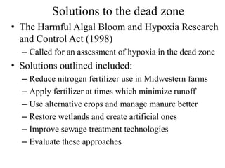 Solutions to the dead zone
• The Harmful Algal Bloom and Hypoxia Research
and Control Act (1998)
– Called for an assessment of hypoxia in the dead zone
• Solutions outlined included:
– Reduce nitrogen fertilizer use in Midwestern farms
– Apply fertilizer at times which minimize runoff
– Use alternative crops and manage manure better
– Restore wetlands and create artificial ones
– Improve sewage treatment technologies
– Evaluate these approaches
 