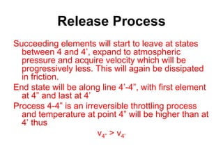 Release Process
Succeeding elements will start to leave at states
between 4 and 4’, expand to atmospheric
pressure and acquire velocity which will be
progressively less. This will again be dissipated
in friction.
End state will be along line 4’-4”, with first element
at 4” and last at 4’
Process 4-4” is an irreversible throttling process
and temperature at point 4” will be higher than at
4’ thus
v4” > v4’
 