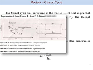 th
net
in
W
Q

th Carnot
L
H
T
T
,  
1
Upon derivation the performance of the real cycle is often measured in
terms of its thermal efficiency
The Carnot cycle was introduced as the most efficient heat engine that
operate between two fixed temperatures TH and TL. The thermal
efficiency of Carnot cycle is given by
Review – Carnot Cycle
1
 