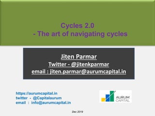 Cycles 2.0
- The art of navigating cycles
Jiten Parmar
Twitter - @jitenkparmar
email : jiten.parmar@aurumcapital.in
https://aurumcapital.in
twitter - @Capitalaurum
email : info@aurumcapital.in
Dec 2019
 
