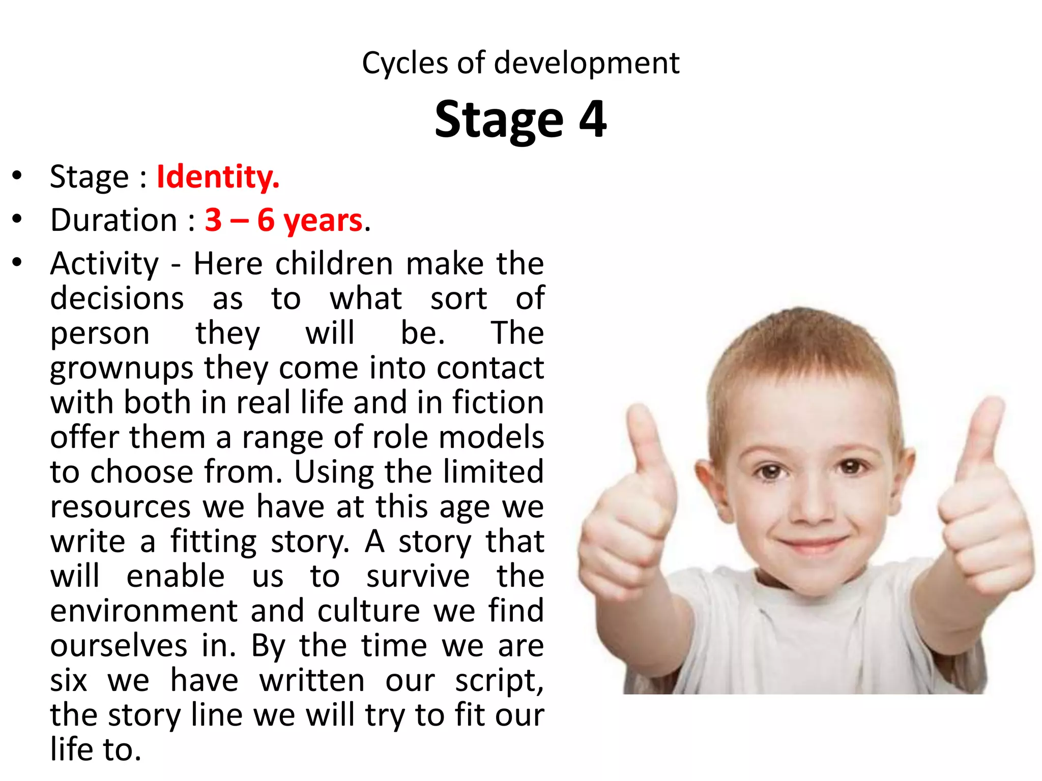 Cycles of development
Stage 3
Compromise Recycling After three years, Stage 3 is
significant
If we are not allowed
to develop our
thinking and
problem solving
skills, we may find it
hard to form our
own opinions or
solve our own
problems later in life.
This distrust of our
thinking is often
expressed as “I don’t
know.”
As in our first experience of
this stage, our curiosity is
heightened as well as our
intuitiveness. We feel a need to
establish a new level of
independence and
individuality—our
separateness.
• When breaking out of a
dependency
relationship (with a
lover, spouse, mentor,
employer or friend).
• When learning new
information.
• When developing a new
personal position or
taking a stand.
• When changing
agreements and
• When parenting a
toddler.
 