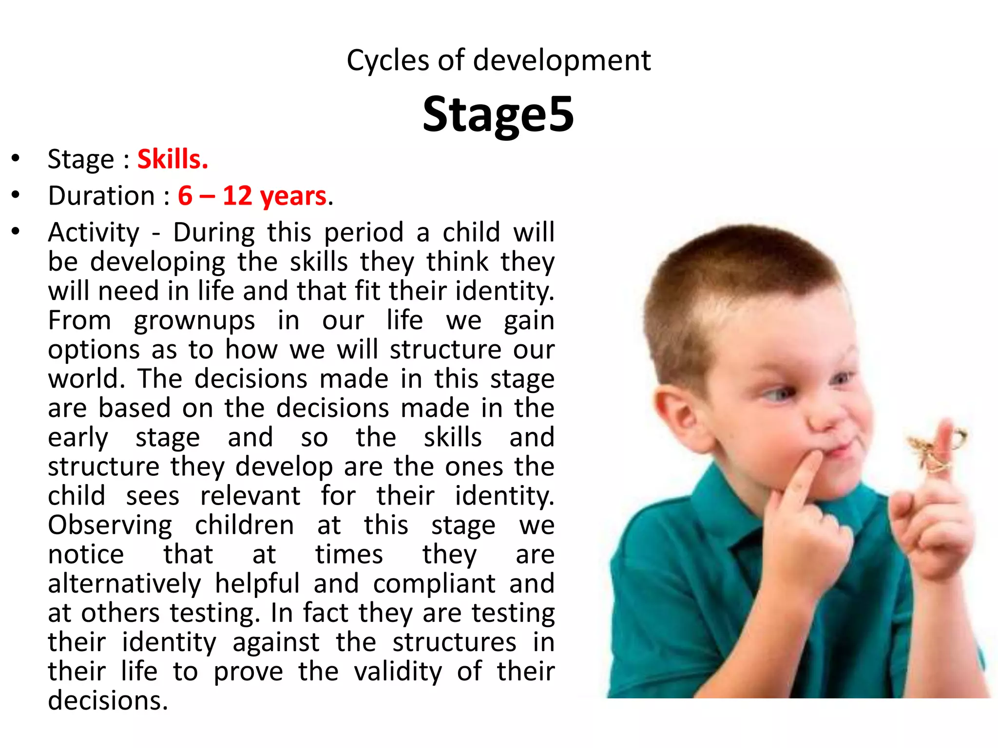 Cycles of development
Stage 4
Compromise Recycling After six years, Stage 4 is
significant
Without appropriate
guidance and
support at this stage,
we may grow up to
be unsure of our role
in life, or with rigid
views that limit our
potential
development.
Returning to this identity stage
brings up questions and issues
related to power and gender:
potency and impotency, magic,
creating or destroying, hurting
and healing. Adults recycling
this stage may change their
appearance, lifestyle or work
• After renegotiating a
social contract;
• When carrying out a
new role;
• When seeking a new
relationship to family,
job, or culture; and
• When caring for
preschool children.
 