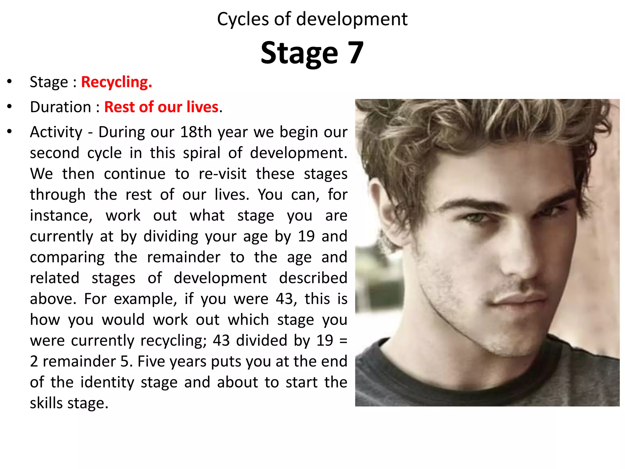 Cycles of development
Stage 6
Compromise Recycling After eighteen years, Stage
6 is significant
Failure to achieve
this integration will
leave us somewhat
fragmented, as if
somehow we have
not quite finished
growing up
As grownups revisit Stage 6 we
explore many of the same
themes: sex and its importance
and integration into our lives,
how our relationships fit with
and support our adult
identities and values, our
personal philosophies and
positions, and how we relate to
the world. We may also have
higher sleep needs, explore
music and drugs, experiment
sexually, or speak of “acting like
a teenager.” We may break out
of mentor relationships and
enjoy the freedom of standing
on our own.
• After developing new
morals or skills.
• When preparing to
leave a relationship, job,
home or locality.
• When ending any
process and
• When parenting
teenagers.
 