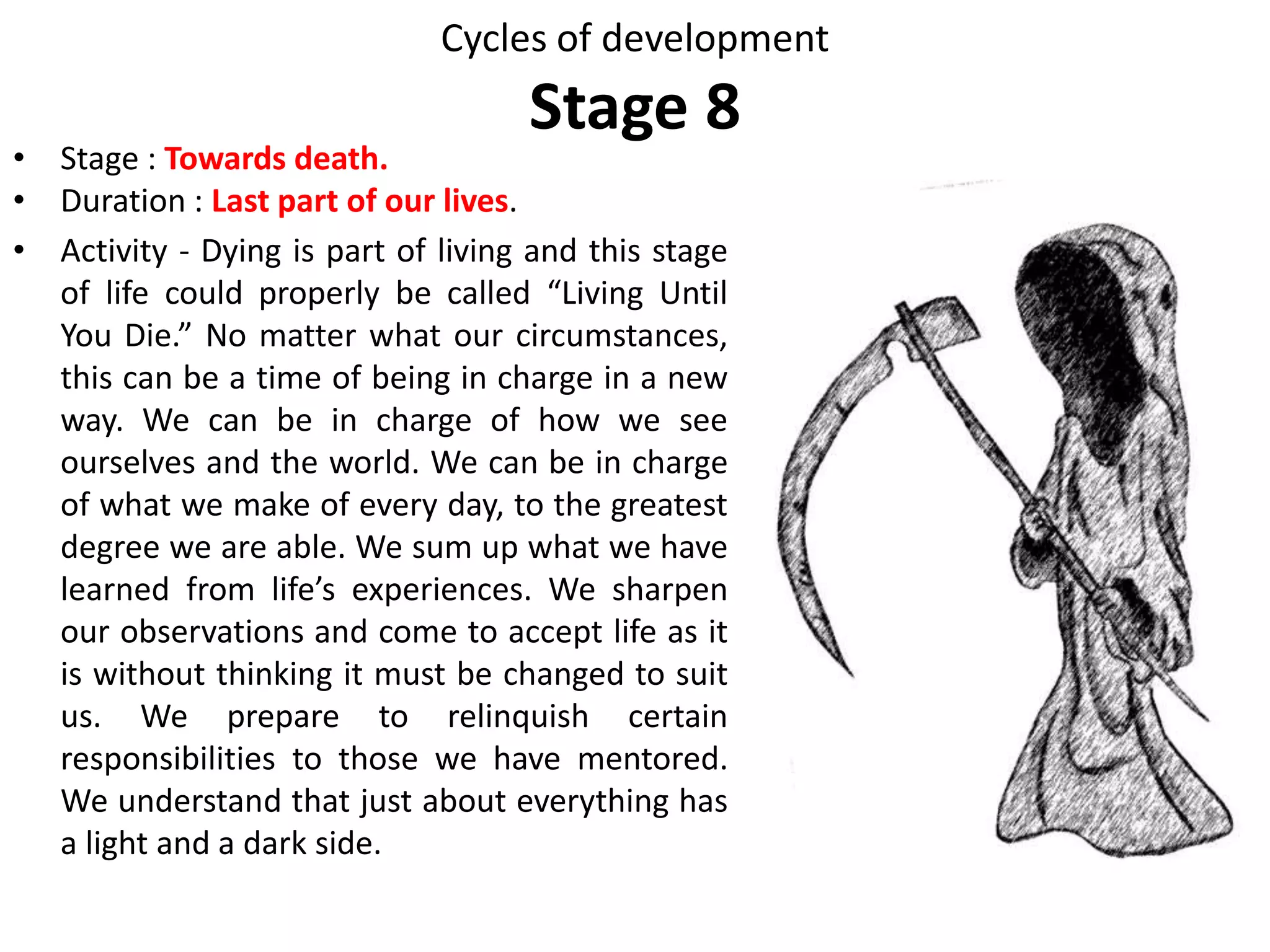 Summary of Regeneration stage
• Ego state : Recycling through previous stages.
• Activity : Unifying previous activities.
• Functional Metaphor : Integrator.
• Psychoanalytic equivalent : Puberty.
• Needs : Work through previous unresolved
problems.
• Problem solving procedure : Primary game from
each previous stage exaggerated.
• Mechanism : Unification.
• Injunctions : Don’t make it, Don’t growup.
 