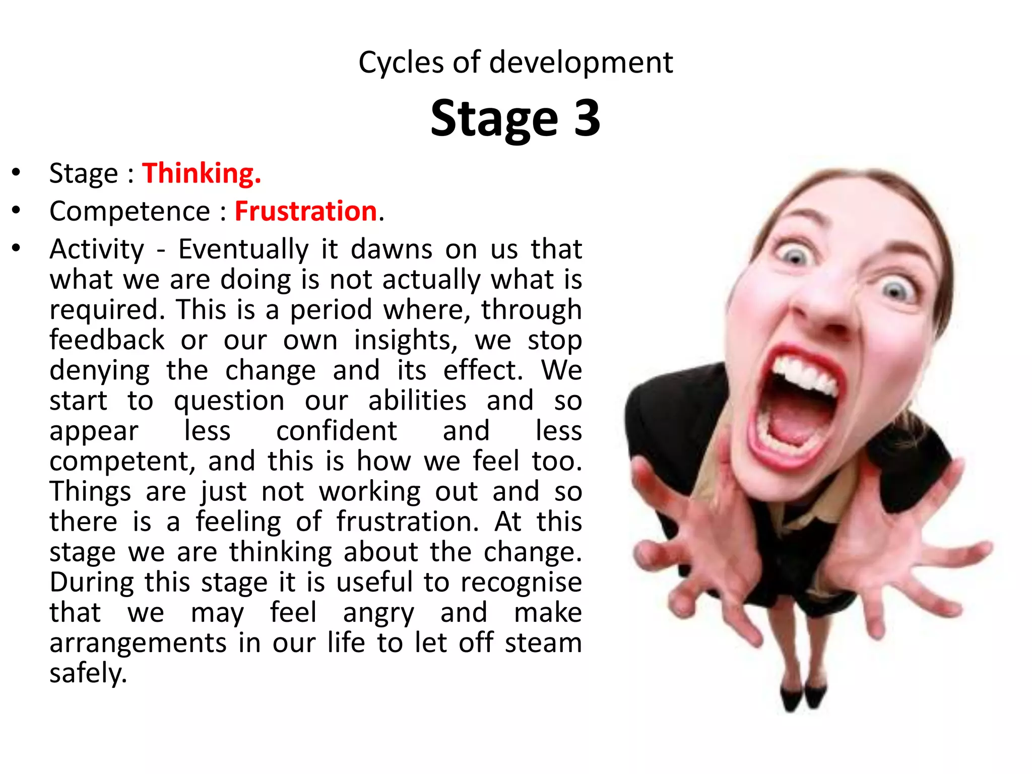 Spirals within spirals
• Pamela Levin suggests that when we
encounter any change in our life, at whichever
point we are within our own spiral we start a
new one. The new one is a small cycle taking
place within our larger life one. This spiral may
last seconds, minutes, hours or years. How we
have completed the developmental stages in
our earlier life will affect the way we manage
this smaller spiral around these particular
changes or transitions in our life. It is as if our
life spiral is a river flowing swiftly through a
landscape of life. Change acts like boulders or
snags in the flow. As the waters reach the snag
eddies and ripples breakout across the smooth
flow.
 