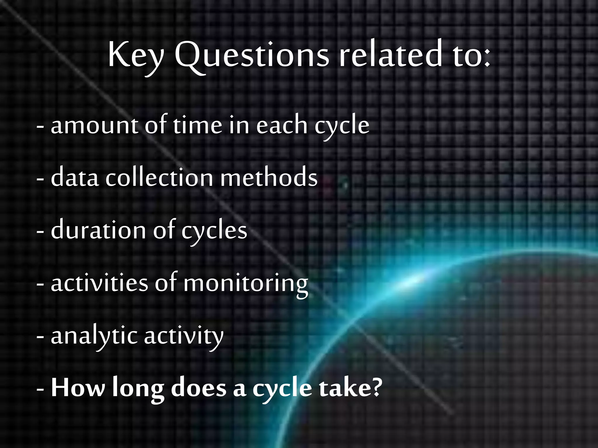 Key Questions related to:
- amountof timein eachcycle
- datacollectionmethods
- durationofcycles
- activitiesof monitoring
- analyticactivity
- Howlong does a cycle take?
 