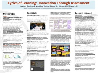 Cycles of Learning: Innovation Through Assessment
Heather Gendron & Madeline Veitch ⋅ Sloane Art Library, UNC Chapel Hill
Special thanks to our collaborators and fellow instructors Kristin Goode, David Parisi, and Eva Sclippa.

Motivation
innovate, v.
1.trans. To change (a thing) into something new; to
alter; to renew.
2.To bring in (something new) the first time; to
introduce as new.
Each semester at the Sloane Art Library, research
instruction sessions are provided to students taking
Art History survey courses. Historically, these fifty
minute sessions have included instruction on
searching the library catalog, finding journal articles,
and evaluating print, journal, and web sources.
Culminating with a worksheet or exercise, the
sessions have been part lecture, part interactive
activity – a packed hour that often left us wondering
precisely what students were able to take away and
apply to their own research.
A driving goal in our instruction has been to focus
students on the process of inquiry and discovery.
We have aimed to redirect students towards tackling
“wicked problems” or deeper research questions,
instead of focusing on questions that can be easily
answered.
How could we assess our/their progress towards this
goal? We sought to innovate our approach to
instruction by identifying learning outcomes and
developing measurable criteria for assessment. We
involved students, faculty, graduate assistants, and
fellow instructors in an assessment program that has
ultimately reshaped our approach to teaching.

Methods
A Team-Based Approach

Rubric

Creating a rubric helped us define the goals of
our instruction sessions . It also served as a tool to
grade the worksheets and give students direct feedback.

We found that a teambased approach was necessary in order to develop an
assessment cycle at this scale. Working as a team, we
developed a teaching outline, worksheet, and rubric. We
met in person and online (utilizing online collaborative
tools like Google Docs) to share ideas.

Summative assessment takes place after instruction,
allowing both students and instructors to gauge student
learning at a particular point in the process.
Reflective Peer Coaching We used this approach in order
to assess and improve our own teaching. Each instructor
partnered with another instructor for the three-part
process, which is outlined in:
Vidmar, Dale J. Reflective Peer Coaching: Crafting
collaborative self-assessment in teaching. Research
Strategies, 20(2006), 135-148.

Improvements

With several different instructors teaching and
grading worksheets, we could improve consistency
by clarifying what constitutes "needs improvement,"
"good," or "optimal" work. Perhaps a group training
session in which everyone could practice with sample
worksheets would be helpful.
By looking at the "grading" breakdown, we identified
rubric goals that were too advanced for the phase of
research students were engaged in at the time of
library instruction (e.g. “effectively triangulates
between multiple concepts within a topic” is a
benchmark that would be more appropriate near the
end of the research process than at the beginning).

Formative and Summative Assessment

Formative assessment takes place during instruction,
allowing for adjustments to be made on the spot. Insights
from formative assessments also influence changes made
post-instruction.

Lessons Learned

Interactive Sticky-Note Software

This tool allowed us to model the research process and
gauge student learning on the spot. It helped us to get
maximum class participation quickly and from students
we wouldn’t have heard from otherwise. Students used
the tool after viewing an artwork and reading and
excerpt from Oxford Art Online excerpt, to develop
good questions and share them with the rest of the
class.

Not all students were able to finish the worksheet in
the time allotted. We realized that we needed to
provide an N/A or “timed out” option on the rubric
for students who ran out of time and did not cover all
points.
There's never enough time! This is a perennial lesson
in library instruction. Establishing the goals of the
course helped us guess better how much time would
be needed. That said, instructors continued to go
over their time allotted for presentation.

Discoveries

Peer coaching increased confidence in instructors’
ability to teach effectively.

The History of Western Art students were evenly
distributed by year, with First Year students
comprising a slightly larger portion of the group at
31%.
In contrast, the Introduction to South Asian Art course
was predominantly made up of Juniors and Seniors.
Together these two groups comprised 80% of the
students, while First Years and Sophomores
represented 10% each.

When students are expected to turn in worksheets,
they are more invested in the process.

Power Point Annotation Tools
We asked students to respond to an excerpt from Oxford
Art Online, working as a class to identify biographical,
cultural and historical contexts, materials and methods,
influences, style/period/movement(s), and critical
response to the work that might inform keyword
searching.

Student demographics

Visual Thinking Strategies We started by interacting with
an image of a work of art using the VTS method.

Evaluating individual student performance with a
rubric and narrative feedback helped us identify gaps
in understanding. We discovered:

Worksheet

The worksheet served as a way for students to log their
research process during a half-hour breakout session. It
included: generating relevant keywords and research
questions, locating a book, locating an article, and
evaluating one of the resources they found. This was
turned in for assessment using the rubric.

TA Survey

We conducted a post-class survey of TA’s who were
responsible for teaching the recitation sections of the
courses.

•Students were not using reference sources or books
to their full potential; most began their search by
looking for journal articles (usually too granular for
starting out).
•Those who did use reference sources did not always
distinguish them from scholarly sources that would be
appropriate to evaluate for their annotated
bibliographies.
•Many students had lingering questions about source
evaluation, particularly with regard to web sources.

 