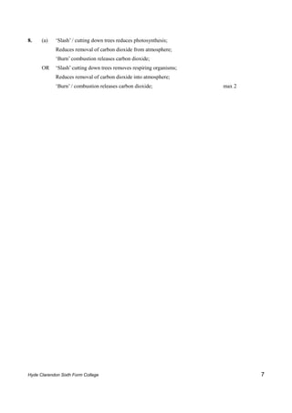 8.    (a)   ‘Slash’ / cutting down trees reduces photosynthesis;
            Reduces removal of carbon dioxide from atmosphere;
            ‘Burn’ combustion releases carbon dioxide;
      OR    ‘Slash’ cutting down trees removes respiring organisms;
            Reduces removal of carbon dioxide into atmosphere;
            ‘Burn’ / combustion releases carbon dioxide;              max 2




Hyde Clarendon Sixth Form College                                             7
 