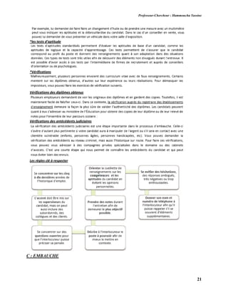 Professeur-Chercheur : Hammoucha Yassine
21
*les tests d’aptitude
*Vérifications
Vérifications des diplômes obtenus
Vérifications des antécédents judiciaires
Les règles clé à respecter
C : EMBAUCHE
 