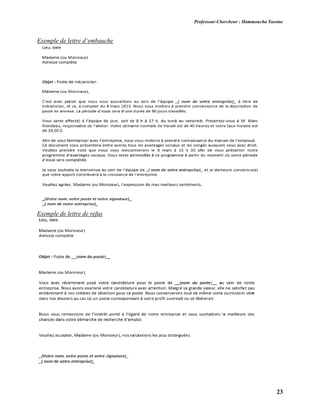 Professeur-Chercheur : Hammoucha Yassine
23
Exemple de lettre d’embauche
Exemple de lettre de refus
 