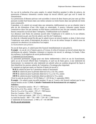 Professeur-Chercheur : Hammoucha Yassine
45
En vue de la recherche d’un autre emploi, le salarié bénéficie pendant le délai de préavis, de
permission d’absence rémunérée comme temps de travail effectif, quel que soit le mode de
rémunération.
Les permissions d’absence prévues sont accordées à raison de deux heures par jour sans qu’elles
puissent excéder huit heures dans une même semaine ou trente heures dans une période de trente
jours consécutifs.
Cependant, si le salarié est occupé dans une entreprise, établissement ou sur un chantier situé à
plus de dix kilomètres d’une ville érigée en municipale, il pourra s’absenter quatre heures
consécutives deux fois par semaine ou huit heures consécutives une fois par semaine, durant les
heures consacrées au travail dans l’entreprise, l’établissement ou le chantier.
Les absences sont fixées de commun accord entre l’employeur et le salarié et, le cas échéant,
alternativement au gré, une fois du salarié, une fois de l’employeur.
Le droit de s’absenter prend fin dès que le salarié trouve un nouvel emploi, ce dont, il doit aviser
l’employeur sous peine d’interruption du préavis. Il en est de même lorsque le salarié cesse de
consacrer les absences à la recherche d’un emploi.
Le licenciement sans préavis :
En cas de faute grave, le salarié peut être licencié immédiatement et sans préavis.
Exemple : en cas de vol, d’injures graves, d’ivresse, le refus d’exécuter un travail entrant dans les
attributions du salarié, l’abandon volontaire et injustice du travail, le sabotage, la fraude, l’abus
de confiance, la divulgation du secret professionnel etc.…
L’indemnité de licenciement :
Le personnel permanent, engagé pour une durée indéterminée à droit en cas de licenciement,
après un an de travail effectif dans l’entreprise, et sauf cas de faute grave, à une indemnité de
licenciement. Le montant de cette indemnité est calculé selon un système progressif de façon à
faire bénéficier les anciens salariés de l’entreprise, d’avantage plus important.
Ce montant est égal par année ou fraction d’année de travail à :
96 H de salaire/an pour les 5 premières années d’ancienneté.
144 H de salaire/an pour la période allant de la 6ème à la 10ème année
192 H de salaire/an pour la période allant de la 11ème à la 15ème année
240 H de salaire/an pour la période allant au-delà de la 15ème année
(Voir le code du travail loi n° 65-99 Dahir n° 1-03-94 du 11 septembre 2003)
Exemple : Un salarié ayant travaillé pendant 18 ans et 3 mois a été licencié sachant que le taux
moyen horaire est de 15,00dh. Calculer l’indemnité de licenciement de cet employé.
Solution :
Pour les 5 premières années : 96 x 5 = 480 heures
Pour la 6ème à la 10ème année : 144 x 5 = 720 heures
Pour la 11ème à la 15ème année : 192 x 5 = 960 heures
Pour les 3 années : 240 x 3 = 720 heures
Pour les 3 mois qui restent : 240 / 12 x 3 = 60 heures
Le total des heures : 480 + 720 + 960 + 720+ 60 = 2 940 heures
L’indemnité de licenciement : 2 940 x 15 = 44 100 DH
D: En cas de mésentente
 