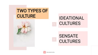 TWO TYPES OF
CULTURE
1.
2.
IDEATIONAL
CULTURES
SENSATE
CULTURES