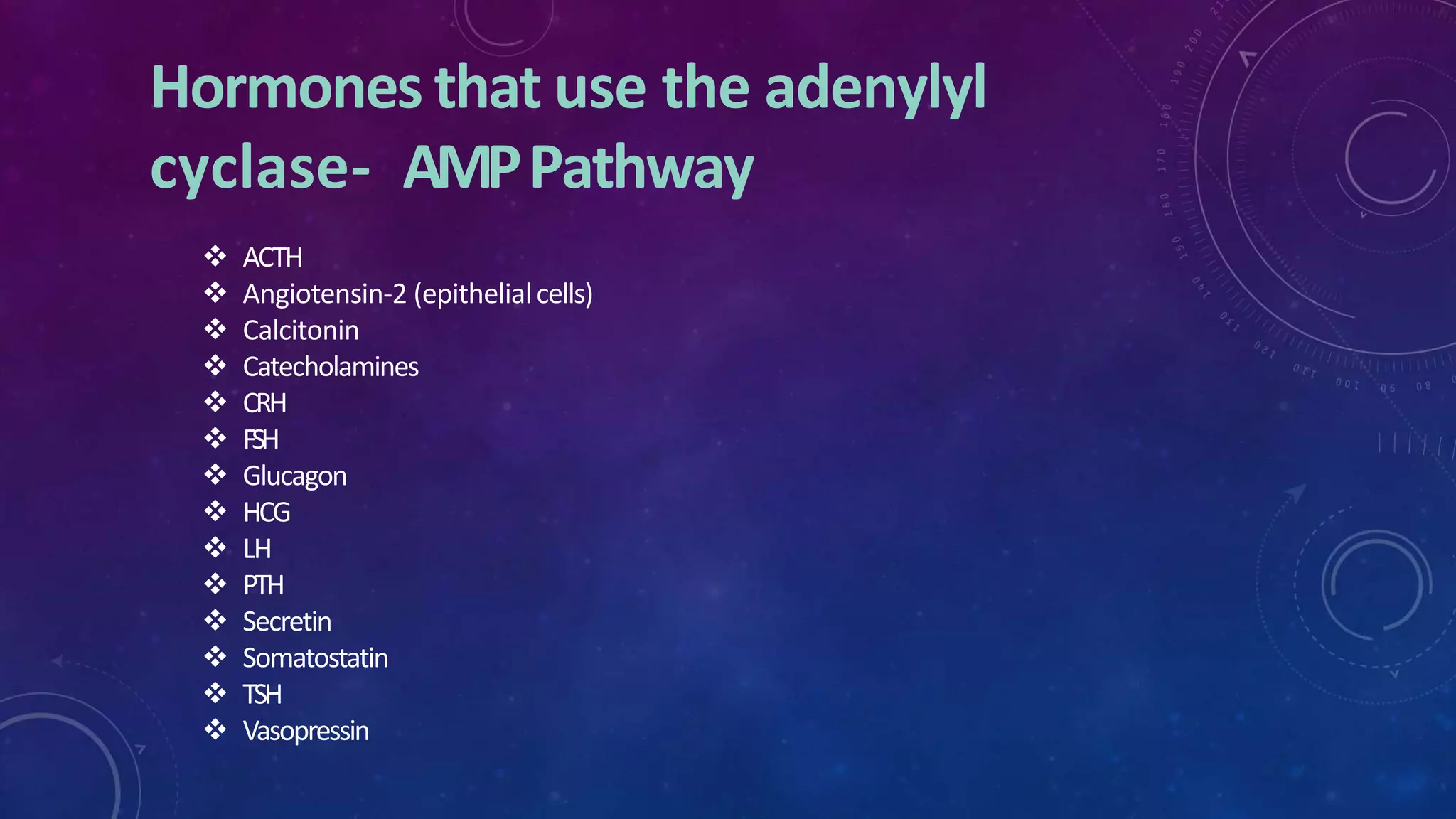 Hormones that use the adenylyl
cyclase- AMPPathway
 ACTH
 Angiotensin-2 (epithelialcells)
 Calcitonin
 Catecholamines
 CRH
 FSH
 Glucagon
 HCG
 LH
 PTH
 Secretin
 Somatostatin
 TSH
 Vasopressin
 