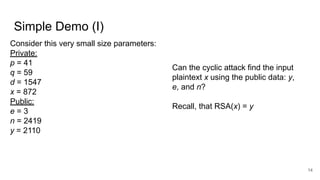 Simple Demo (I)
14
Consider this very small size parameters:
Private:
p = 41
q = 59
d = 1547
x = 872
Public:
e = 3
n = 2419
y = 2110
Can the cyclic attack find the input
plaintext x using the public data: y,
e, and n?
Recall, that RSA(x) = y
 