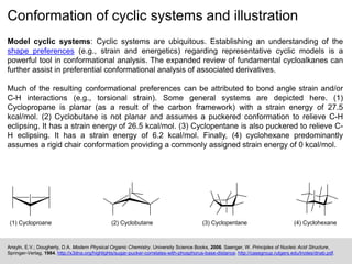Conformation of cyclic systems and illustration
Ansyln, E.V.; Dougherty, D.A. Modern Physical Organic Chemistry. University Science Books, 2006. Saenger, W. Principles of Nucleic Acid Structure,
Springer-Verlag, 1984. http://x3dna.org/highlights/sugar-pucker-correlates-with-phosphorus-base-distance. http://casegroup.rutgers.edu/lnotes/dnab.pdf.
Model cyclic systems: Cyclic systems are ubiquitous. Establishing an understanding of the
shape preferences (e.g., strain and energetics) regarding representative cyclic models is a
powerful tool in conformational analysis. The expanded review of fundamental cycloalkanes can
further assist in preferential conformational analysis of associated derivatives.
Much of the resulting conformational preferences can be attributed to bond angle strain and/or
C-H interactions (e.g., torsional strain). Some general systems are depicted here. (1)
Cyclopropane is planar (as a result of the carbon framework) with a strain energy of 27.5
kcal/mol. (2) Cyclobutane is not planar and assumes a puckered conformation to relieve C-H
eclipsing. It has a strain energy of 26.5 kcal/mol. (3) Cyclopentane is also puckered to relieve C-
H eclipsing. It has a strain energy of 6.2 kcal/mol. Finally, (4) cyclohexane predominantly
assumes a rigid chair conformation providing a commonly assigned strain energy of 0 kcal/mol.
(1) Cycloproane (2) Cyclobutane (3) Cyclopentane (4) Cyclohexane
 