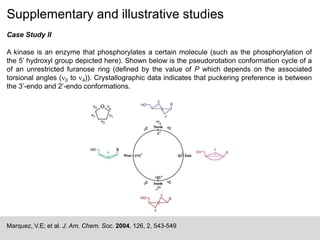 Supplementary and illustrative studies
Marquez, V.E; et al. J. Am. Chem. Soc. 2004. 126, 2, 543-549
Case Study II
A kinase is an enzyme that phosphorylates a certain molecule (such as the phosphorylation of
the 5’ hydroxyl group depicted here). Shown below is the pseudorotation conformation cycle of a
of an unrestricted furanose ring (defined by the value of P which depends on the associated
torsional angles (n0 to n4)). Crystallographic data indicates that puckering preference is between
the 3’-endo and 2’-endo conformations.
 