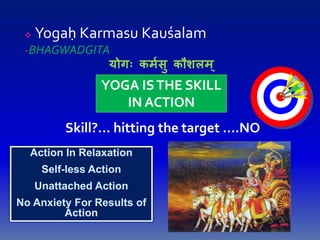  Yogaḥ Karmasu Kauśalam
-BHAGWADGITA
योगः कममसु कौशलम्
YOGA ISTHE SKILL
IN ACTION
Skill?... hitting the target ….NO
Action In Relaxation
Self-less Action
Unattached Action
No Anxiety For Results of
Action
 