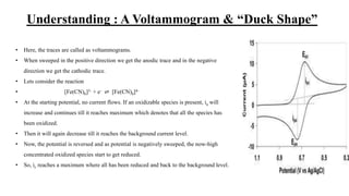 Understanding : A Voltammogram & “Duck Shape”
• Here, the traces are called as voltammograms.
• When sweeped in the positive direction we get the anodic trace and in the negative
direction we get the cathodic trace.
• Lets consider the reaction
• [Fe(CN)6]3- + e- ⇌ [Fe(CN)6]4-
• At the starting potential, no current flows. If an oxidizable species is present, ia will
increase and continues till it reaches maximum which denotes that all the species has
been oxidized.
• Then it will again decrease till it reaches the background current level.
• Now, the potential is reversed and as potential is negatively sweeped, the now-high
concentrated oxidized species start to get reduced.
• So, ic reaches a maximum where all has been reduced and back to the background level.
 