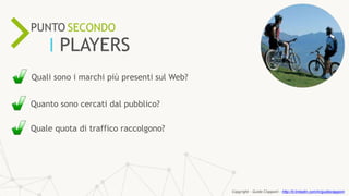 ONLINE RESOURCES ARE
57%
KEY
PROCESSIN THE SALESPUNTO SECONDO
I PLAYERS
Quali sono i marchi più presenti sul Web?
Quanto sono cercati dal pubblico?
Quale quota di traffico raccolgono?
Copyright - Guido Ciapponi - http://it.linkedin.com/in/guidociapponi
 