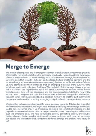 58
Merge to Emerge
Themergerofcompaniesandthemergerofelectronorbitalssharemanycommongrounds.
Whereas the merger of orbitals lead to successful bonding between two atoms, the merger
of two businesses leads to a new and gigantic corporation to emerge, but mostly not to
surviving ones that wouldn›t fall apart and collapse. Culture problems, opinions and the
sudden change in the work environment are among the reasons to blame for these failures.
So, why atoms merge their orbitals so that an emerging molecular entity survives? One
simple reason is that it is the loss of self-ego.When orbitals of atoms merge it is not anymore
me, it is always: the togetherness spirit that leads surviving new entities. When atomic
orbitals merge, their self-ego disappears and the new molecular orbital is the new entity
with no tears crying over the past. This is what lacks in business merges that lead only to
transient states with many embedded «pockets of memory» so that the past overwhelms
the present and soon the promising emerging entity dissolves in every pocket of memory.
What applies to businesses is extensible to our personal interests. This is a key issue that
we fail mostly to understand. We might have interests that if they would merge they would
lead to the emergence of new us. This is only possible if the «orbitals of Interests» overlap
to produce «molecular Interest» with no regret over the past or overriding the old interests
over the emerging ones. We have compatible desires, conflicting desires, and neutral
desires, charged desires, modest desires and extreme desires as well. How can we merge
our desires and interests so that a better desire would emerge and create a new entity for
us?
 