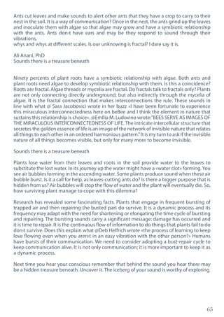 65
Ants cut leaves and make sounds to alert other ants that they have a crop to carry to their
nest in the soil. It is a way of communication? Once in the nest, the ants grind up the leaves
and inoculate them with algae so that algae may grow and have a symbiotic relationship
with the ants. Ants don›t have ears and may be they respond to sound through their
vibrations.
whys and whys at different scales. Is our unknowing is fractal? I dare say it is.
Ali Anani, PhD
Sounds there is a treasure beneath
Ninety percents of plant roots have a symbiotic relationship with algae. Both ants and
plant roots need algae to develop symbiotic relationship with them. Is this a coincidence?
Roots are fractal. Algae threads or mycelia are fractal. Do fractals talk to fractals only? Plants
are not only connecting directly underground, but also indirectly through the mycelia of
algae. It is the fractal connection that makes interconnections the rule. These sounds in
line with what @ Sara Jacobovici wrote in her buzz «I have been fortunate to experience
this miraculous interconnectedness here on beBee and I think the element in nature that
sustains this relationship is choice». @Emília M. Ludovino wrote:”BEES SERVE AS IMAGES OF
THE MIRACULOUS INTERCONNECTEDNESS OF LIFE. The intricate intercellular structure that
secretes the golden essence of life is an image of the network of invisible nature that relates
all things to each other in an ordered harmonious pattern.”It is my turn to ask if the invisible
nature of all things becomes visible, but only for many more to become invisible.
Sounds there is a treasure beneath
Plants lose water from their leaves and roots in the soil provide water to the leaves to
substitute the lost water. In its journey up the water might have a «water clot» forming.You
see air bubbles forming in the ascending water. Some plants produce sound when these air
bubble burst. Is it a call for help, as leaves-cutting ants do? Is there a bigger purpose that is
hidden from us? Air bubbles will stop the flow of water and the plant will eventually die. So,
how surviving plant manage to cope with this dilemma?
Research has revealed some fascinating facts. Plants that engage in frequent bursting of
trapped air and then repairing the busted part do survive. It is a dynamic process and its
frequency may adapt with the need for shortening or elongating the time cycle of bursting
and repairing. The bursting sounds carry a significant message: damage has occurred and
it is time to repair. It is the continuous flow of information to do things that plants fail to do
don›t survive. Does this explain what @Deb Helfrich wrote «the process of learning to keep
love flowing even when you aren›t in an easy vibration with the other person?» Humans
have bursts of their communication. We need to consider adopting a bust-repair cycle to
keep communication alive. It is not only communication; it is more important to keep it as
a dynamic process.
Next time you hear your conscious remember that behind the sound you hear there may
be a hidden treasure beneath. Uncover it. The iceberg of your sound is worthy of exploring.
 
