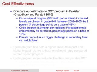 Cost Effectiveness
Compare our estimates to CCT program in Pakistan
(Chaudhury and Parajuli 2010)
Girls’s stipend program ($3/month per recipient) increased
female enrollment in grade 6–8 (between 2003–2005) by 9
percent (4 percentage points on a base of 43%)
Cycle program ($2/month per recipient) increased female
enrollment by 40 percent (5 percentage points on a base of
13%)
Female dropout much bigger challenge at secondary level
vs. middle level
Cycle program had both a higher absolute impact and
higher impact relative to base enrollment rates compared
to the Stipend program
Cycle program more cost-effective than comparable CCT
Likely to be more cost-effective for girls who live further
away from a secondary school
Muralidharan & Prakash Cycling to School 55 / 59
 