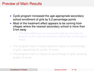 Preview of Main Results
Cycle program increased the age-appropriate secondary
school enrollment of girls by 5.2 percentage points
Most of the treatment effect appears to be coming from
villages where the nearest secondary school is more than
3 km away
The triple difference non-parametric plot as a function of
distance to the nearest secondary school has an inverted-U
shape
The program had a modest positive impact on percentage
of girls’ appearing for grade 10 exam
The program had no impact on percentage of girls’ passing
grade 10 exam
Muralidharan & Prakash Cycling to School 15 / 59
 