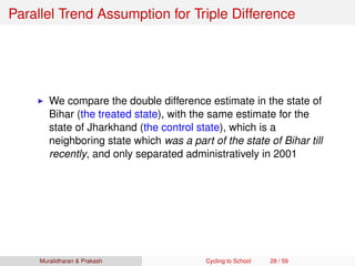 Parallel Trend Assumption for Triple Difference
We compare the double difference estimate in the state of
Bihar (the treated state), with the same estimate for the
state of Jharkhand (the control state), which is a
neighboring state which was a part of the state of Bihar till
recently, and only separated administratively in 2001
Muralidharan & Prakash Cycling to School 28 / 59
 