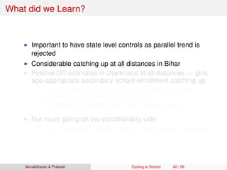 What did we Learn?
Important to have state level controls as parallel trend is
rejected
Considerable catching up at all distances in Bihar
Positive DD estimates in Jharkhand at all distances ⇒ girls’
age-appropriate secondary school enrollment catching up
If there is generic catching up ⇒ more likely to happen
more when secondary schools close by
DD estimate insigniﬁcant at most distance above 5 km
Not much going on the conditionality side
The conditionality should have an impact at every distance
Muralidharan & Prakash Cycling to School 40 / 59
 