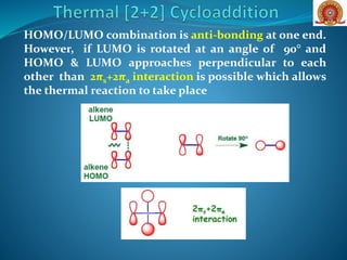 HOMO/LUMO combination is anti-bonding at one end.
However, if LUMO is rotated at an angle of 90° and
HOMO & LUMO approaches perpendicular to each
other than 2πs+2πa interaction is possible which allows
the thermal reaction to take place
 