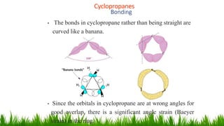 Cyclopropanes
1
8
Bonding
• The bonds in cyclopropane rather than being straight are
curved like a banana.
• Since the orbitals in cyclopropane are at wrong angles for
good overlap, there is a significant angle strain (Baeyer
strain) in the ring.
H
HH
H
HH
"Banana bonds"
 
