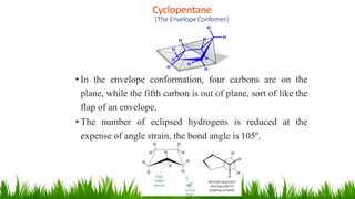 Cyclopentane
2
5
• In the envelope conformation, four carbons are on the
plane, while the fifth carbon is out of plane, sort of like the
flap of an envelope.
• The number of eclipsed hydrogens is reduced at the
expense of angle strain, the bond angle is 105º.
(The Envelope Confomer)
H
H
H
H
H
H
H
H
H
H
 