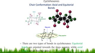 Cyclohexanes
Chair Conformation: Axial and Equitorial
Bonds
3
3
• There are two types of bonds in cyclohexanes: Equitorial
bonds are oriented towards the rings equator, while axial
bonds are on the rings axis.
ax
ax
ax
eq
eq
ax
eq
eq
eq 1
2
3
5
6
Ring axis
ax
4 ax eq
Ring equator
 