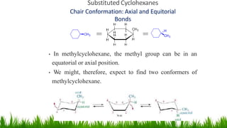 Substituted Cyclohexanes
Chair Conformation: Axial and Equitorial
Bonds
3
7
• In methylcyclohexane, the methyl group can be in an
equatorial or axial position.
• We might, therefore, expect to find two conformers of
methylcyclohexane.
 