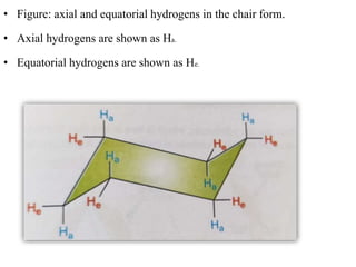 • Figure: axial and equatorial hydrogens in the chair form.
• Axial hydrogens are shown as Ha.
• Equatorial hydrogens are shown as He.
 