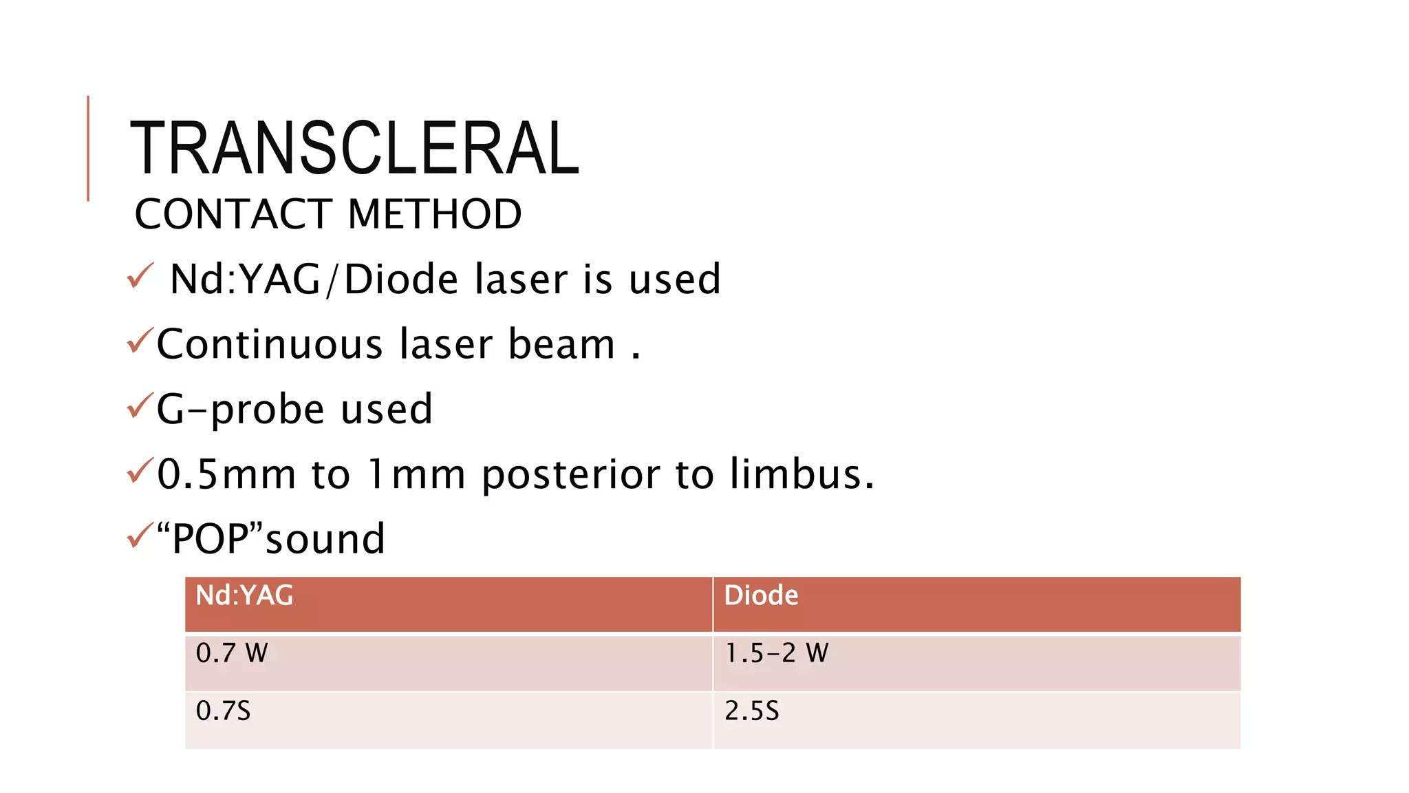 CONTACT METHOD
 Nd:YAG/Diode laser is used
Continuous laser beam .
G-probe used
0.5mm to 1mm posterior to limbus.
“POP”sound
TRANSCLERAL
Nd:YAG Diode
0.7 W 1.5-2 W
0.7S 2.5S
 