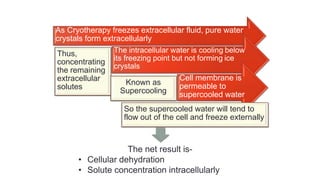 September 09, 2015 Department of Ophthalmology, JNMC, Belagavi 7
Thus,
concentrating
the remaining
extracellular
solutes
As Cryotherapy freezes extracellular fluid, pure water
crystals form extracellularly
The intracellular water is cooling below
its freezing point but not forming ice
crystals
Known as
Supercooling
Cell membrane is
permeable to
supercooled water
So the supercooled water will tend to
flow out of the cell and freeze externally
The net result is-
• Cellular dehydration
• Solute concentration intracellularly
 