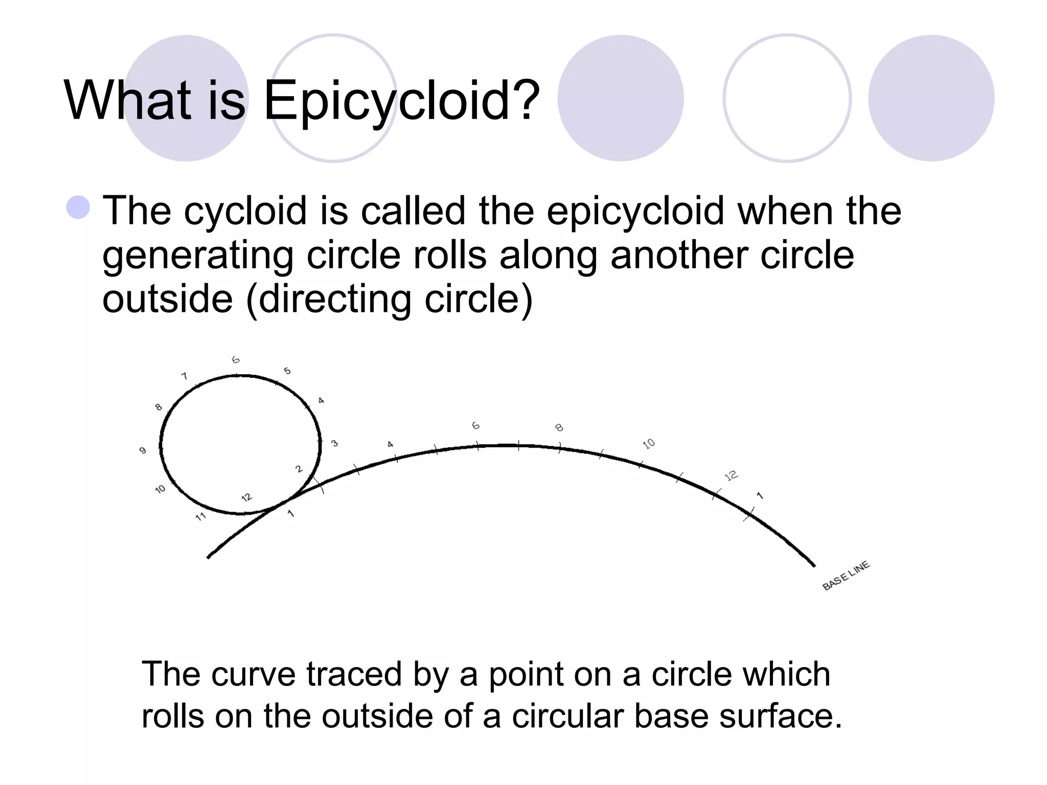 What is Epicycloid?
 The cycloid is called the epicycloid when the
  generating circle rolls along another circle
  outside (directing circle)




    The curve traced by a point on a circle which
    rolls on the outside of a circular base surface.
 