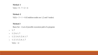 Method -1
V(G) = 9 – 7 + 2 = 4
Method -2
V(G) = 3 + 1 = 4 (Condition nodes are 1,2 and 3 nodes)
Method-3
Basis Set – A set of possible execution path of a program
 1, 7
 1, 2, 6, 1, 7
 1, 2, 3, 4, 5, 2, 6, 1, 7
 1, 2, 3, 5, 2, 6, 1, 7
V(G) = 4
 
