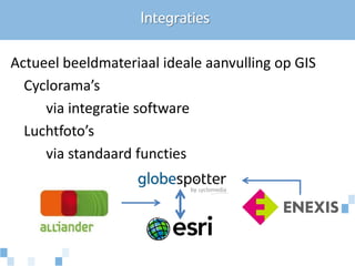 Integraties

Actueel beeldmateriaal ideale aanvulling op GIS
  Cyclorama’s
     via integratie software
  Luchtfoto’s
     via standaard functies
 