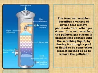 The term wet scrubber
describes a variety of
device that remove
pollutants from other gas
stream. In a wet scrubber,
the polluted gas stream is
brought into contact with
the scrubbing liquid, by
forcing it through a pool
of liquid or by some other
contact method so as to
remove the pollutant