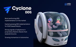 Most performing DDS
implementation on the market
Fastest growing DDS implementation
for ROS2 based Robots
Strong signals of adoptions in
proprietary Robotic Stacks from
several Unicorns
Growing momentum in Automotive
 