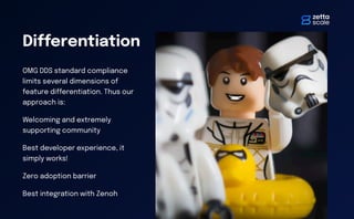 Di
ff
erentiation
OMG DDS standard compliance
limits several dimensions of
feature di
ff
erentiation. Thus our
approach is:
Welcoming and extremely
supporting community
Best developer experience, it
simply works!
Zero adoption barrier
Best integration with Zenoh
 