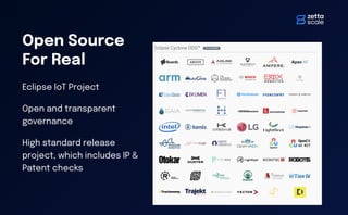 Open Source
For Real
Eclipse IoT Project
Open and transparent
governance
High standard release
project, which includes IP &
Patent checks
 